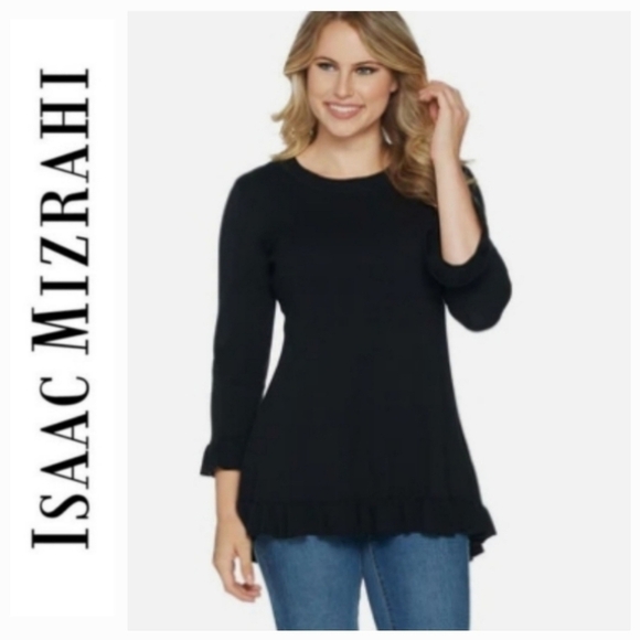 Isaac Mizrahi live | Black Ruffled Hem Lightweight Tunic Sweater - Picture 1 of 7